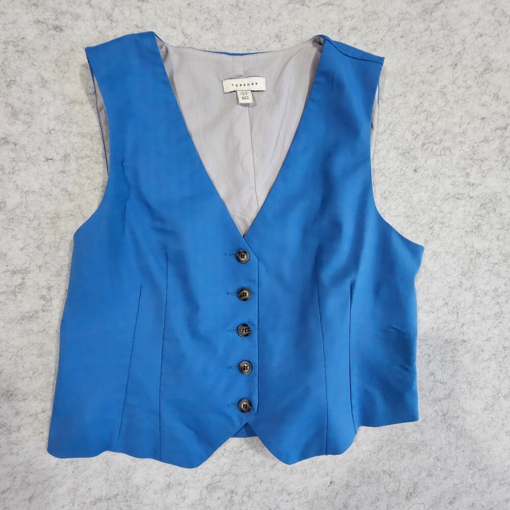 Topshop Linen Vest Tailored Waistcoat Vest Cobalt Blue Buckle Buttons US 6